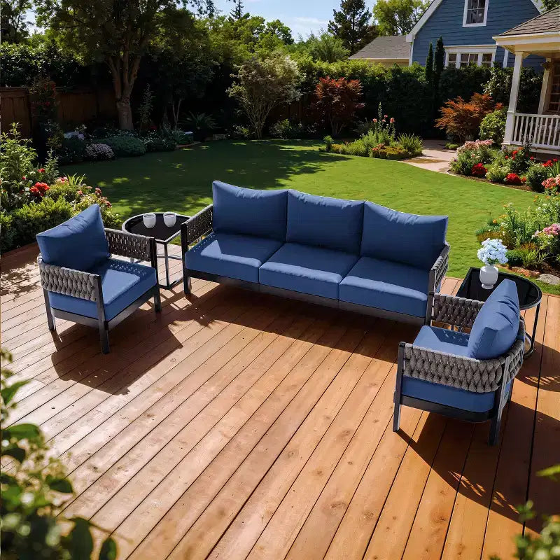 ALAULM 5PCS Outdoor Patio Sofa Set w/Modular Coffee Table, Waterproof Removable 6 Cushions, All-Weather Use, for Lawn, Garden, backyard, Navy Blue