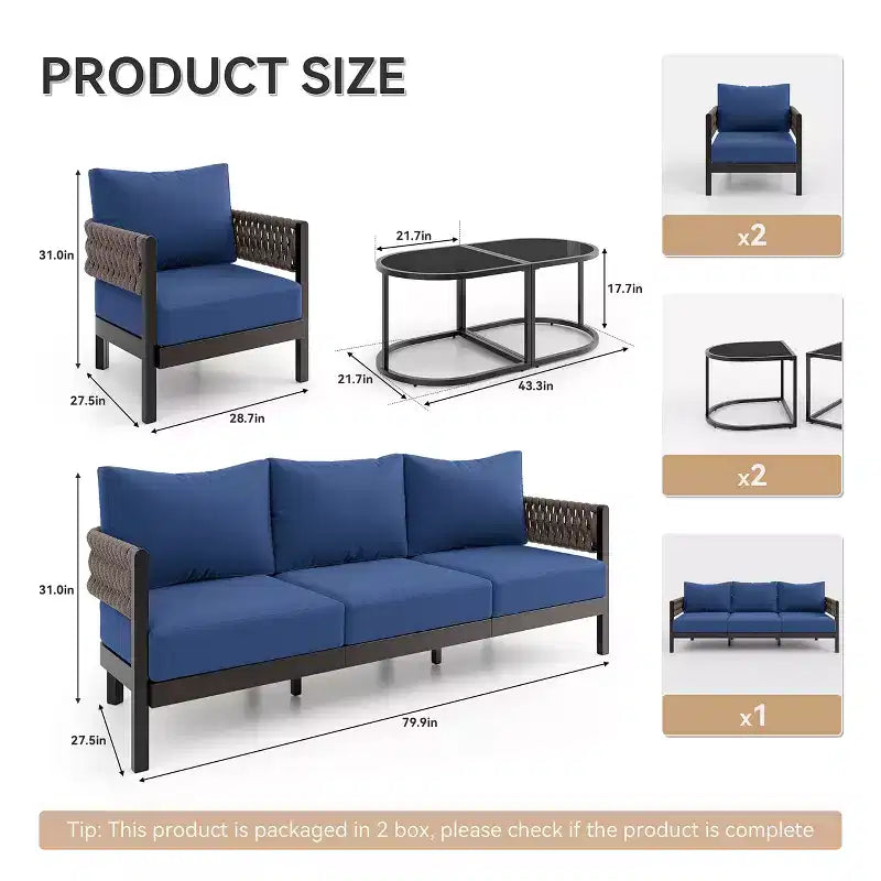 ALAULM 5PCS Outdoor Patio Sofa Set w/Modular Coffee Table, Waterproof Removable 6 Cushions, All-Weather Use, for Lawn, Garden, backyard, Navy Blue