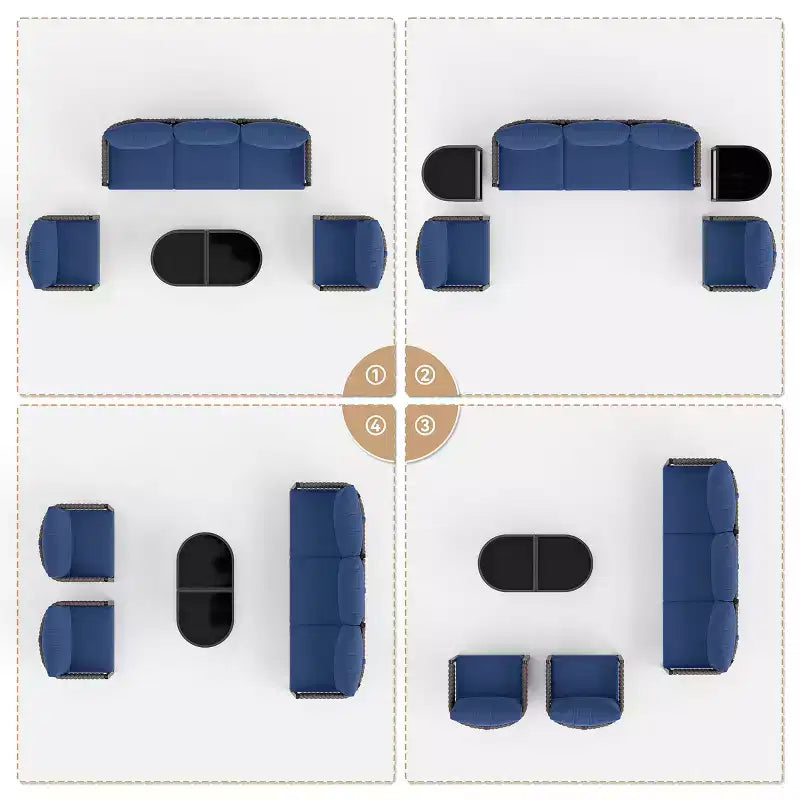 ALAULM 5PCS Outdoor Patio Sofa Set w/Modular Coffee Table, Waterproof Removable 6 Cushions, All-Weather Use, for Lawn, Garden, backyard, Navy Blue