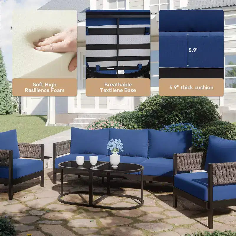 ALAULM 5PCS Outdoor Patio Sofa Set w/Modular Coffee Table, Waterproof Removable 6 Cushions, All-Weather Use, for Lawn, Garden, backyard, Navy Blue