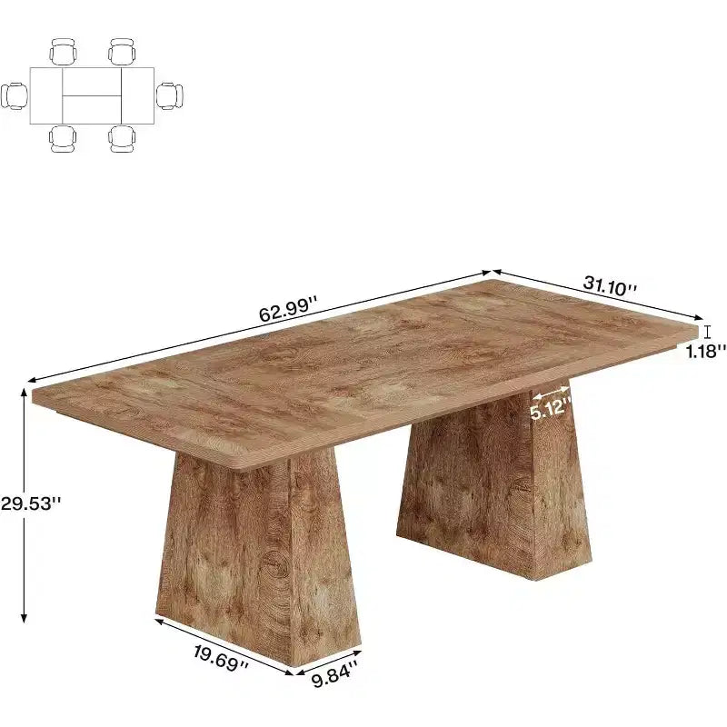 Lantine Dining Table for 6, Farmhouse Wood Rectangular Kitchen Table with Double Pedestal, 63 L x 31.5 W x 30 H, Natural