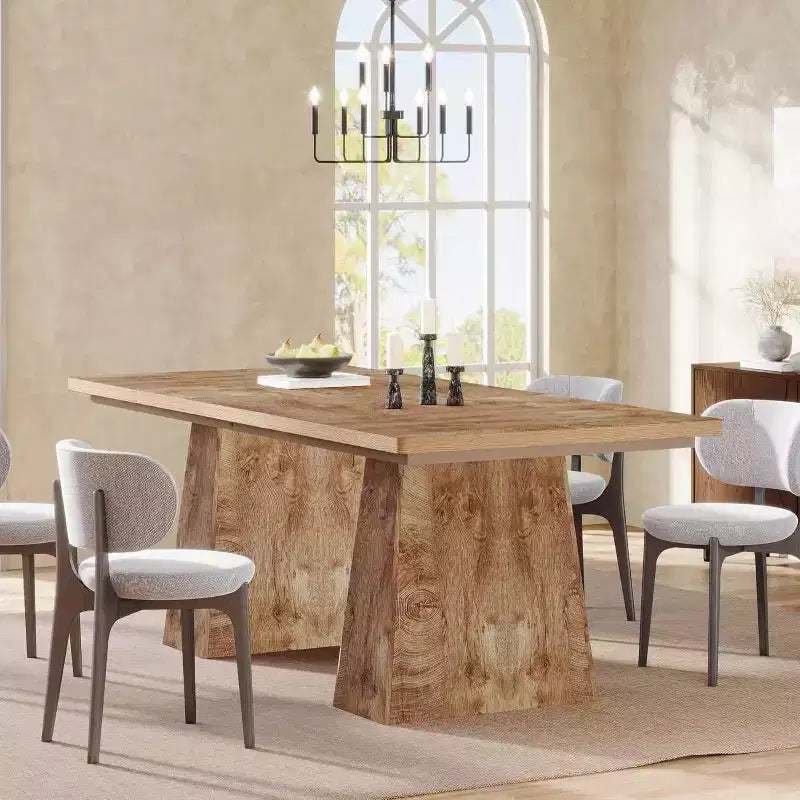 Lantine Dining Table for 6, Farmhouse Wood Rectangular Kitchen Table with Double Pedestal, 63 L x 31.5 W x 30 H, Natural