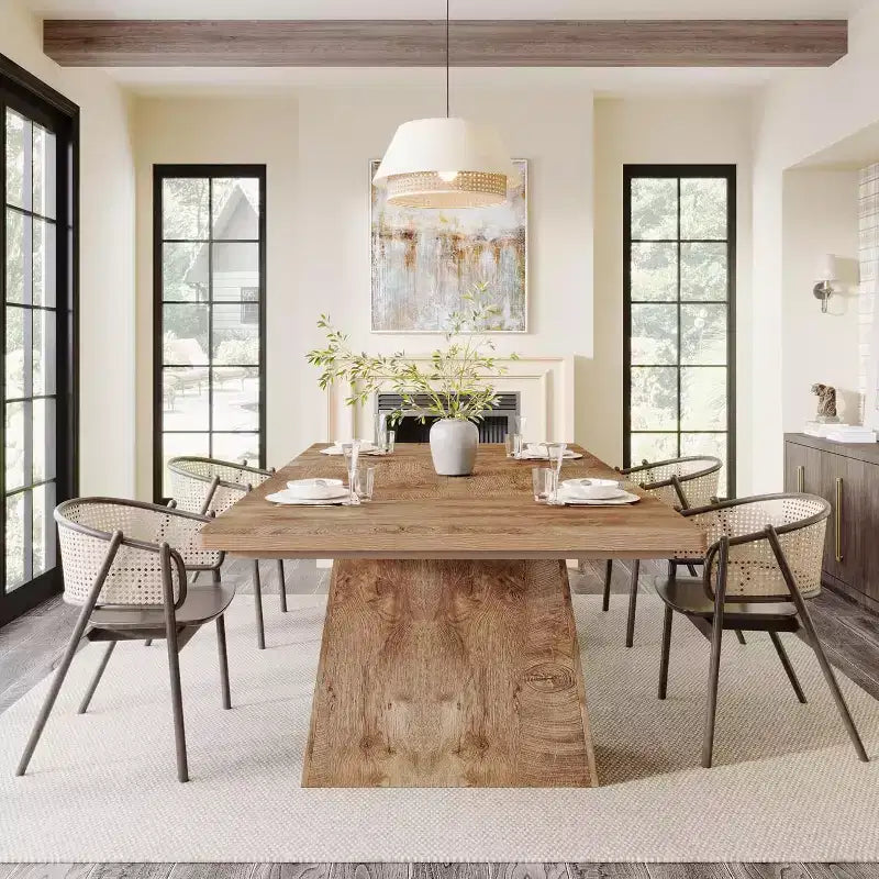 Lantine Dining Table for 6, Farmhouse Wood Rectangular Kitchen Table with Double Pedestal, 63 L x 31.5 W x 30 H, Natural