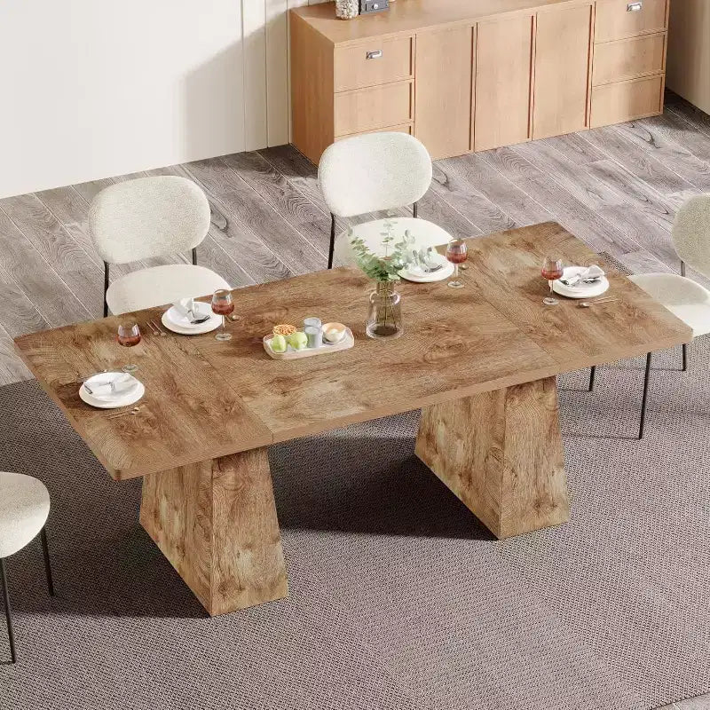 Lantine Dining Table for 6, Farmhouse Wood Rectangular Kitchen Table with Double Pedestal, 63 L x 31.5 W x 30 H, Natural