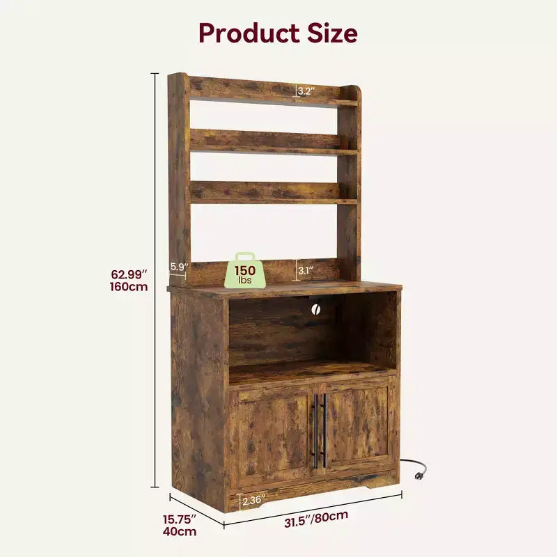 GustoWave 63'' Tall Microwave Stand Bakers Rack Cabinet, Farmhouse Bakers Rack with Power Outlet,Thickened Counter