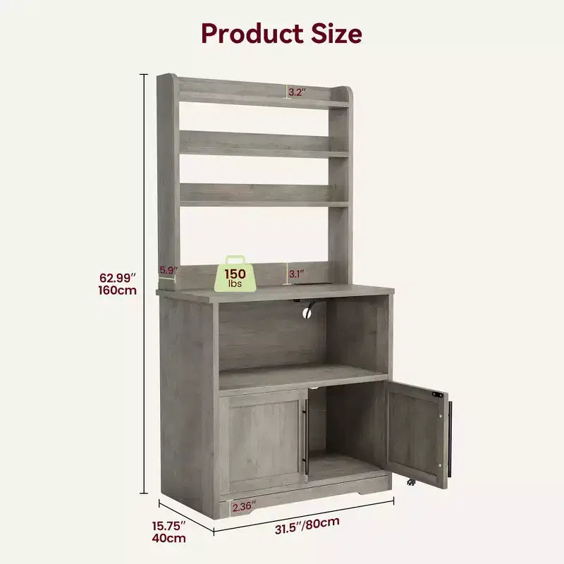 GustoWave 63'' Tall Microwave Stand Bakers Rack Cabinet, Farmhouse Bakers Rack with Power Outlet,Thickened Counter