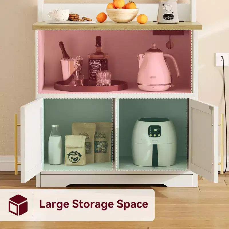 GustoWave 63'' Tall Microwave Stand Bakers Rack Cabinet, Farmhouse Bakers Rack with Power Outlet,Thickened Counter