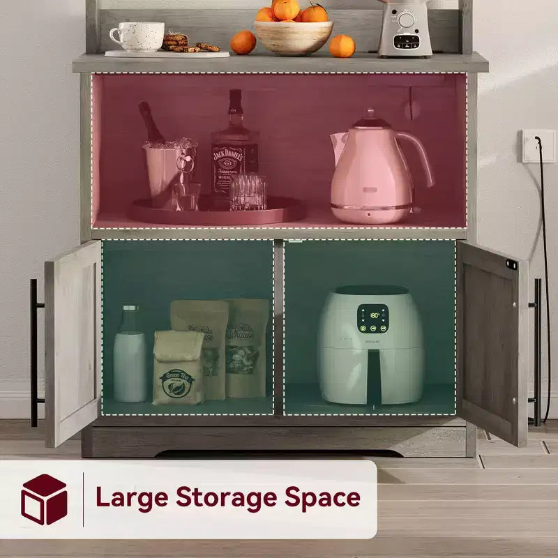 GustoWave 63'' Tall Microwave Stand Bakers Rack Cabinet, Farmhouse Bakers Rack with Power Outlet,Thickened Counter