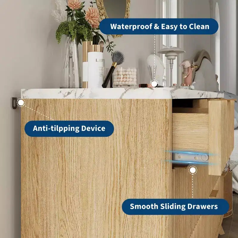 Dresser, 54 Wide Fluted 8 Drawer Modern Wood Chest of Drawers, Closet Storage Organizer & TV Stand