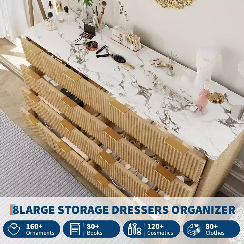 Dresser, 54 Wide Fluted 8 Drawer Modern Wood Chest of Drawers, Closet Storage Organizer & TV Stand