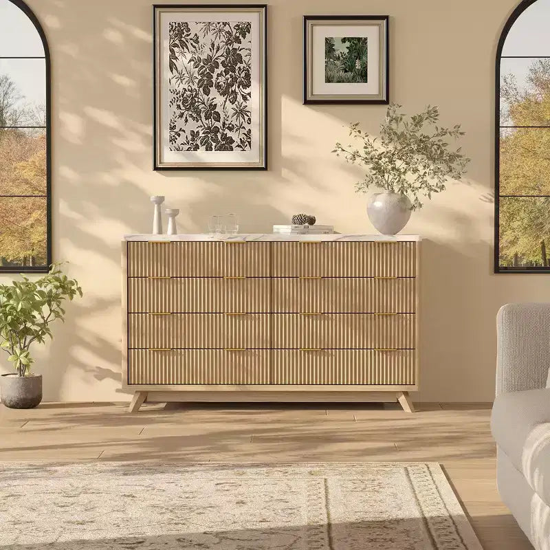Dresser, 54 Wide Fluted 8 Drawer Modern Wood Chest of Drawers, Closet Storage Organizer & TV Stand