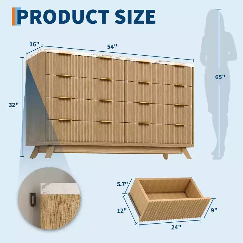 Dresser, 54 Wide Fluted 8 Drawer Modern Wood Chest of Drawers, Closet Storage Organizer & TV Stand
