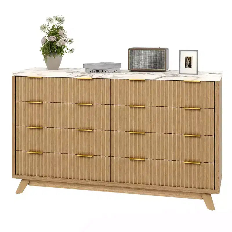 Dresser, 54 Wide Fluted 8 Drawer Modern Wood Chest of Drawers, Closet Storage Organizer & TV Stand