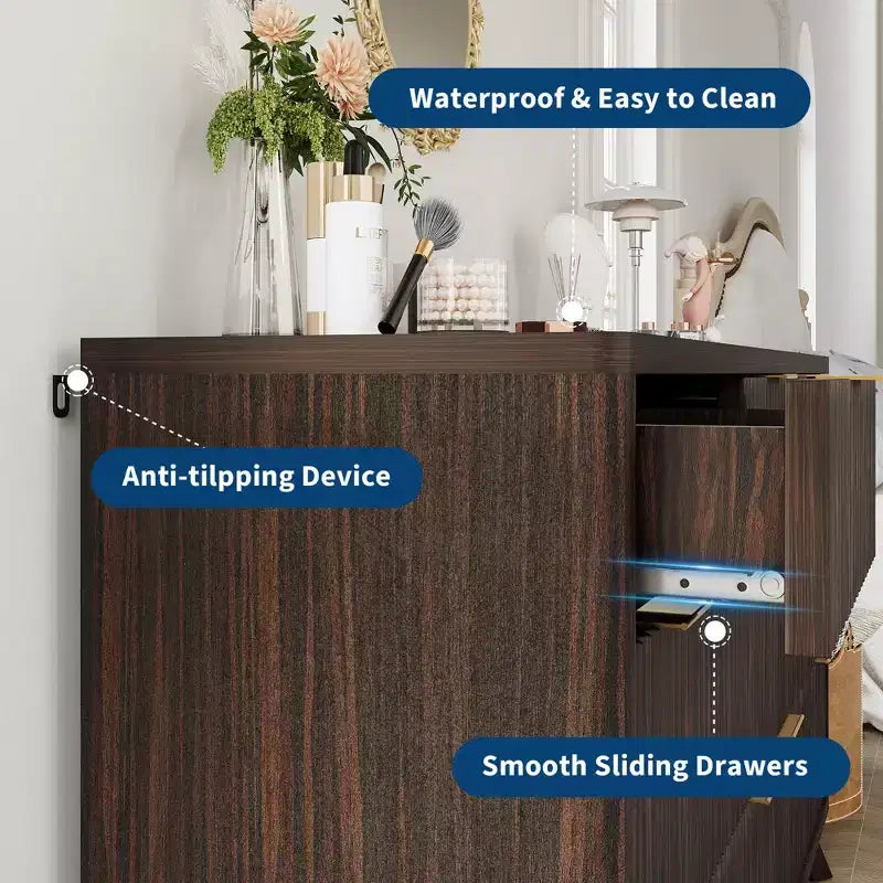 Dresser, 54 Wide Fluted 8 Drawer Modern Wood Chest of Drawers, Closet Storage Organizer & TV Stand