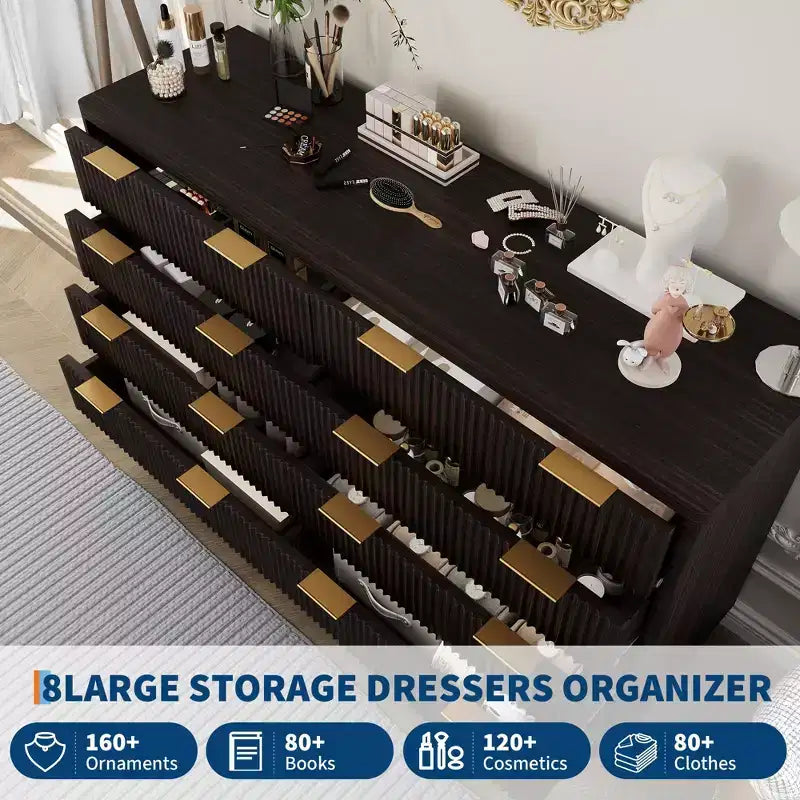 Dresser, 54 Wide Fluted 8 Drawer Modern Wood Chest of Drawers, Closet Storage Organizer & TV Stand
