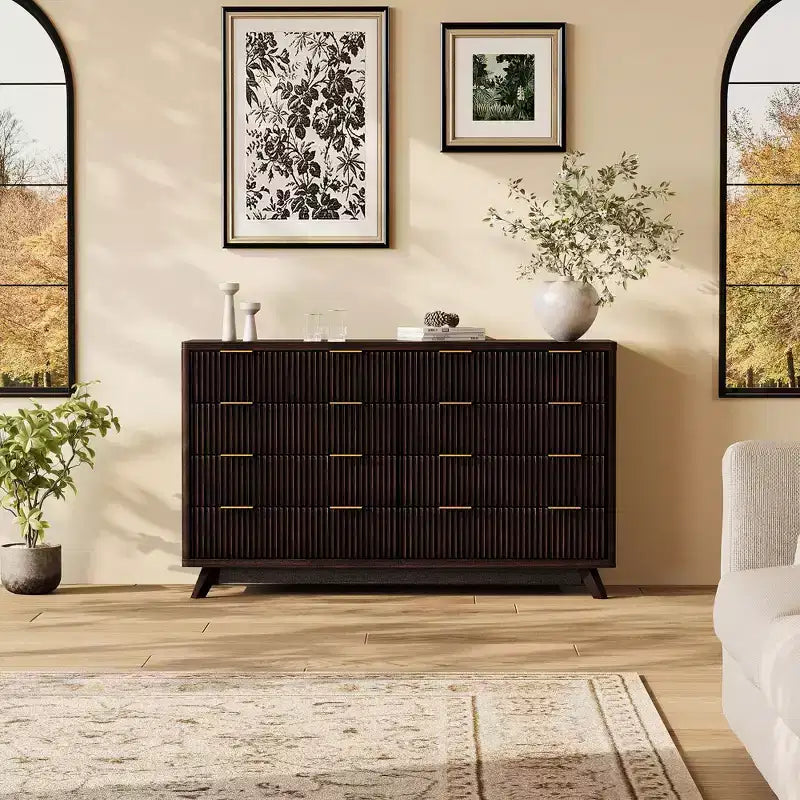 Dresser, 54 Wide Fluted 8 Drawer Modern Wood Chest of Drawers, Closet Storage Organizer & TV Stand