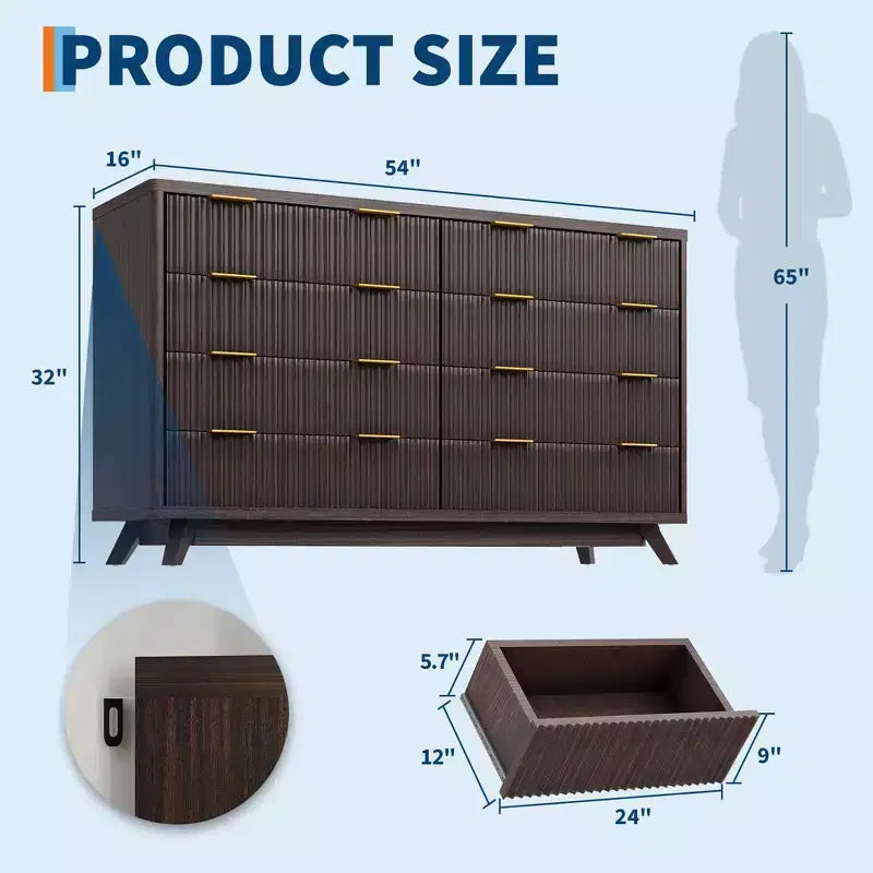 Dresser, 54 Wide Fluted 8 Drawer Modern Wood Chest of Drawers, Closet Storage Organizer & TV Stand