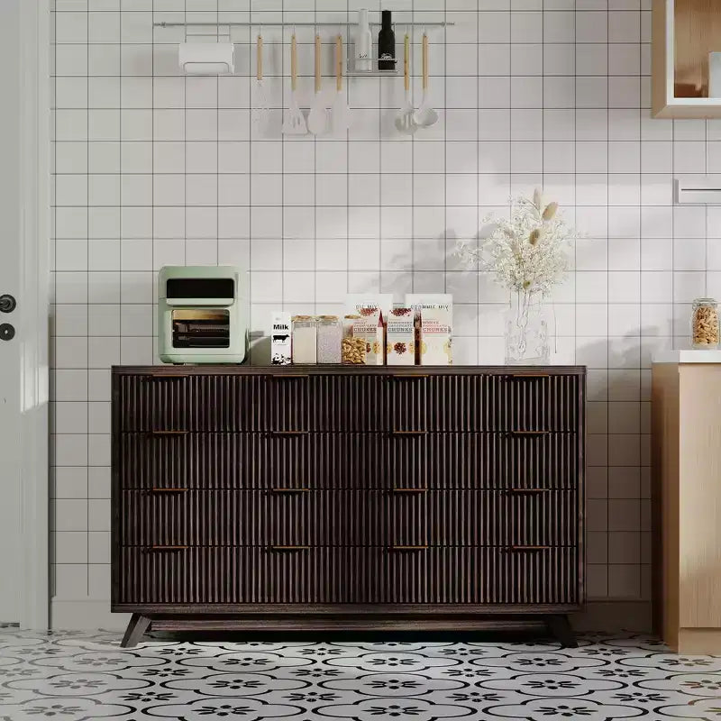 Dresser, 54 Wide Fluted 8 Drawer Modern Wood Chest of Drawers, Closet Storage Organizer & TV Stand