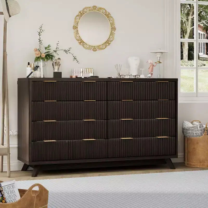 Dresser, 54 Wide Fluted 8 Drawer Modern Wood Chest of Drawers, Closet Storage Organizer & TV Stand