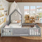 Twin/Full Size House Bed with Door and Guardrails, Double Twin Wood Platform Bed for Kids