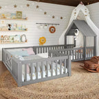 Lit cabane double/grand format avec porte et barrières de sécurité, lit plateforme double en bois pour enfants