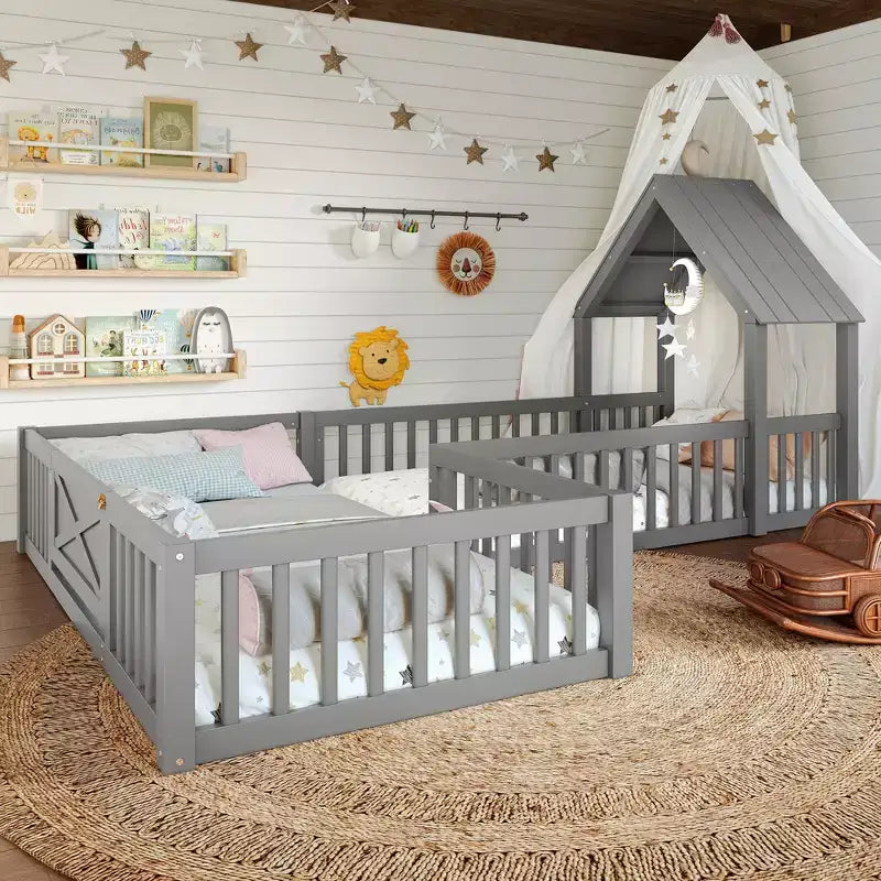 Lit cabane double/grand format avec porte et barrières de sécurité, lit plateforme double en bois pour enfants
