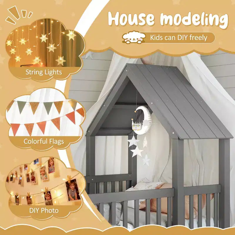 Lit cabane double/grand format avec porte et barrières de sécurité, lit plateforme double en bois pour enfants