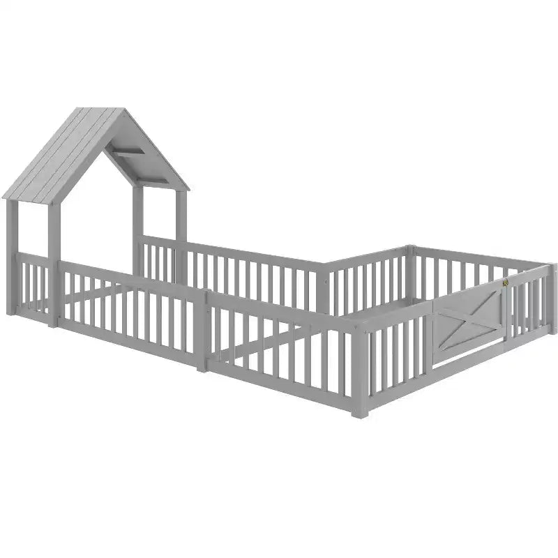 Lit cabane double/grand format avec porte et barrières de sécurité, lit plateforme double en bois pour enfants