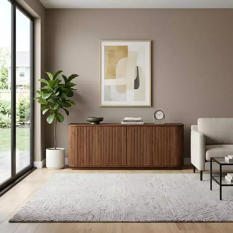 JVNOXK Sideboard Storage Cabinet TV Stand with wave pattern Buffet Cabinet Wooden Vertical Striped Cabinet for Entryway. Walnut