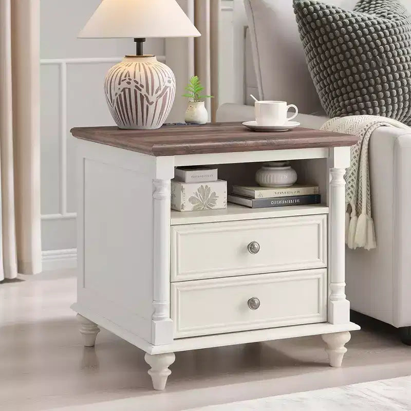 24 Farmhouse End Table with Charging Station, Square Nightstand with 4 Solid Wood Feet & 2 Drawers for Living Room, Bedroom