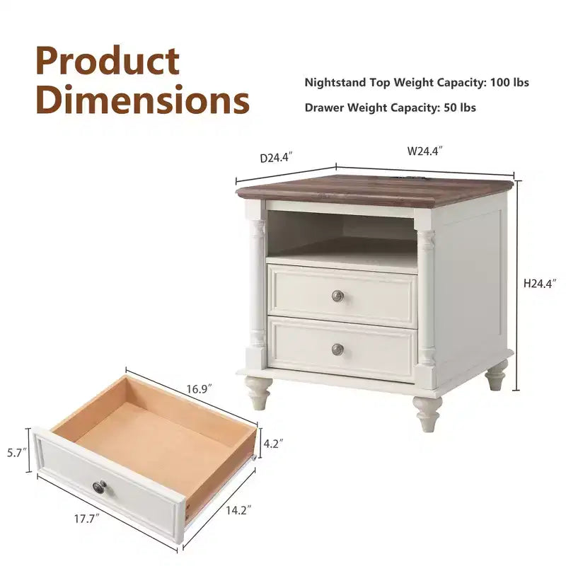Table d'appoint de ferme 24" avec station de charge, table de chevet carrée avec 4 pieds en bois massif et 2 tiroirs pour salon, chambre à coucher