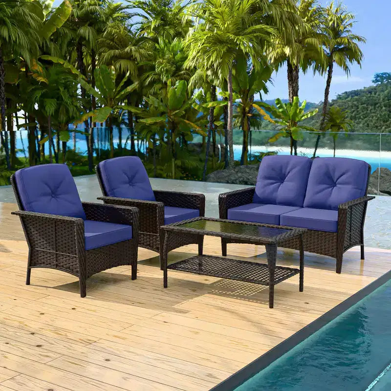 EAGLE PEAK 4 Piece Outdoor Furniture Set, Patio PE Wicker Couch and 2 Chairs with Coffee Table, Rattan Conversation Set