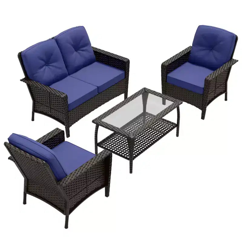 EAGLE PEAK 4 Piece Outdoor Furniture Set, Patio PE Wicker Couch and 2 Chairs with Coffee Table, Rattan Conversation Set