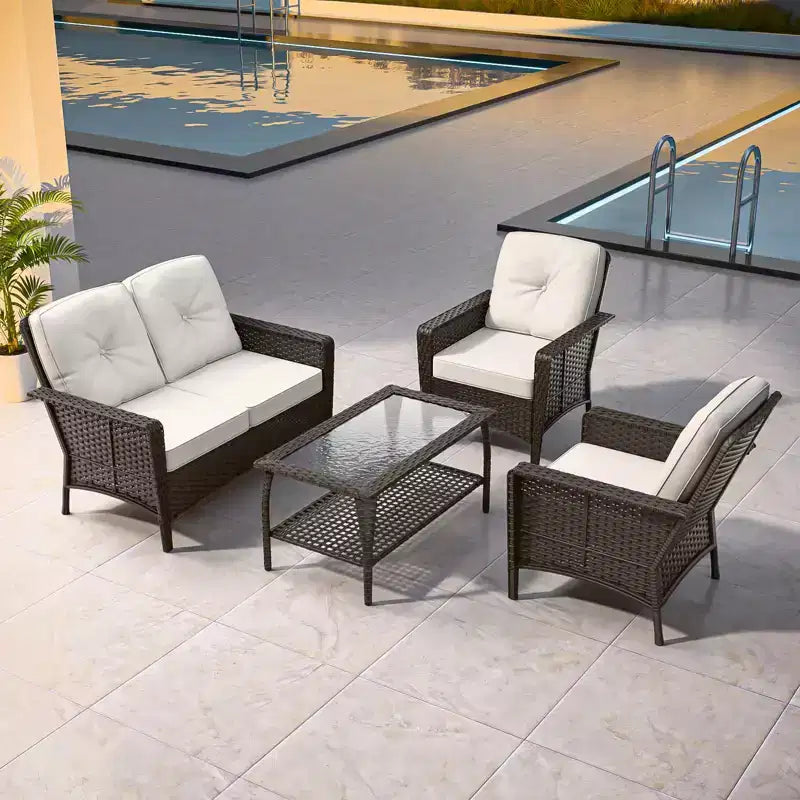 EAGLE PEAK 4 Piece Outdoor Furniture Set, Patio PE Wicker Couch and 2 Chairs with Coffee Table, Rattan Conversation Set