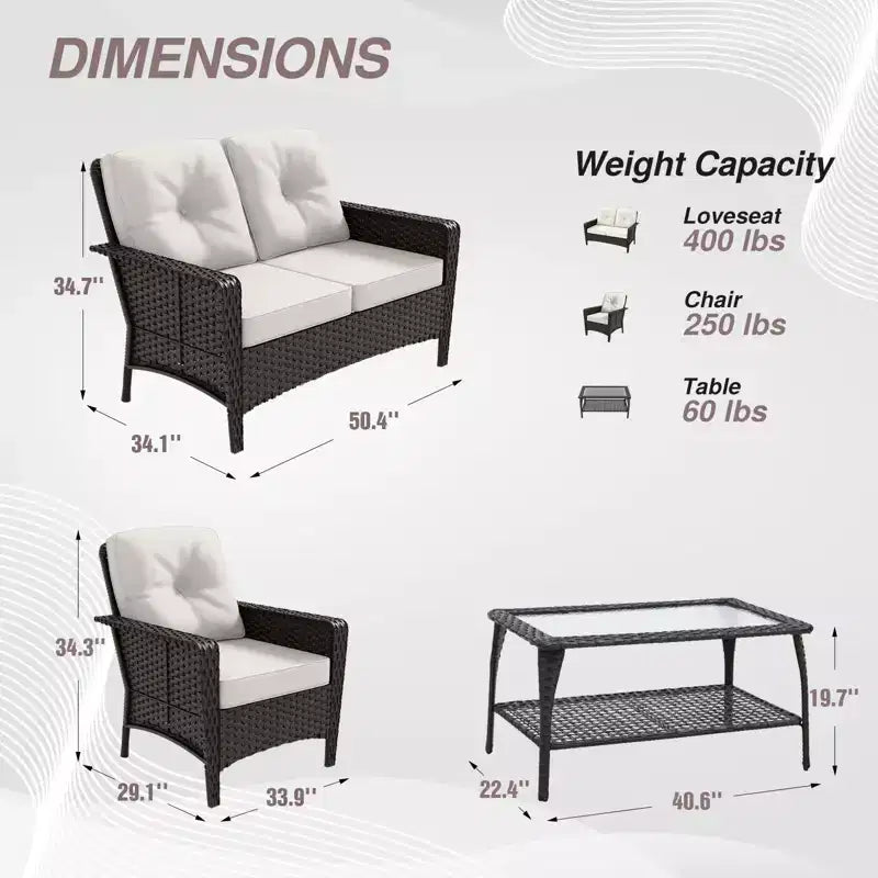 EAGLE PEAK 4 Piece Outdoor Furniture Set, Patio PE Wicker Couch and 2 Chairs with Coffee Table, Rattan Conversation Set