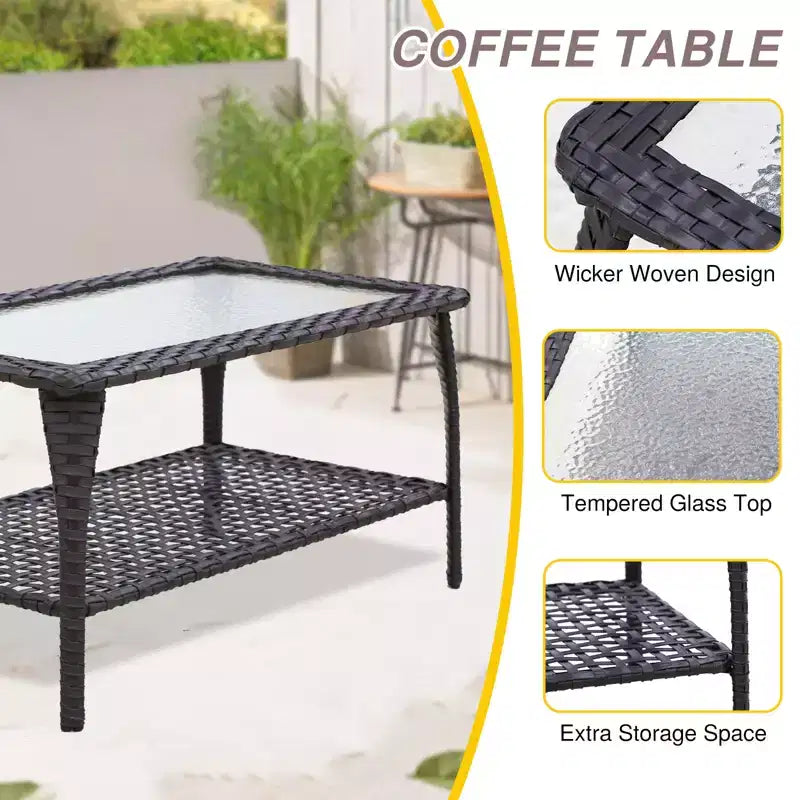 EAGLE PEAK 4 Piece Outdoor Furniture Set, Patio PE Wicker Couch and 2 Chairs with Coffee Table, Rattan Conversation Set