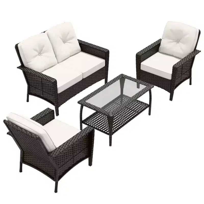 EAGLE PEAK 4 Piece Outdoor Furniture Set, Patio PE Wicker Couch and 2 Chairs with Coffee Table, Rattan Conversation Set