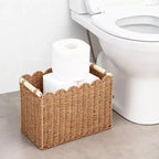 Lot de 2 paniers de rangement pour papier toilette en corde de papier à bords festonnés, avec 2 poignées en bois. Paniers décoratifs.