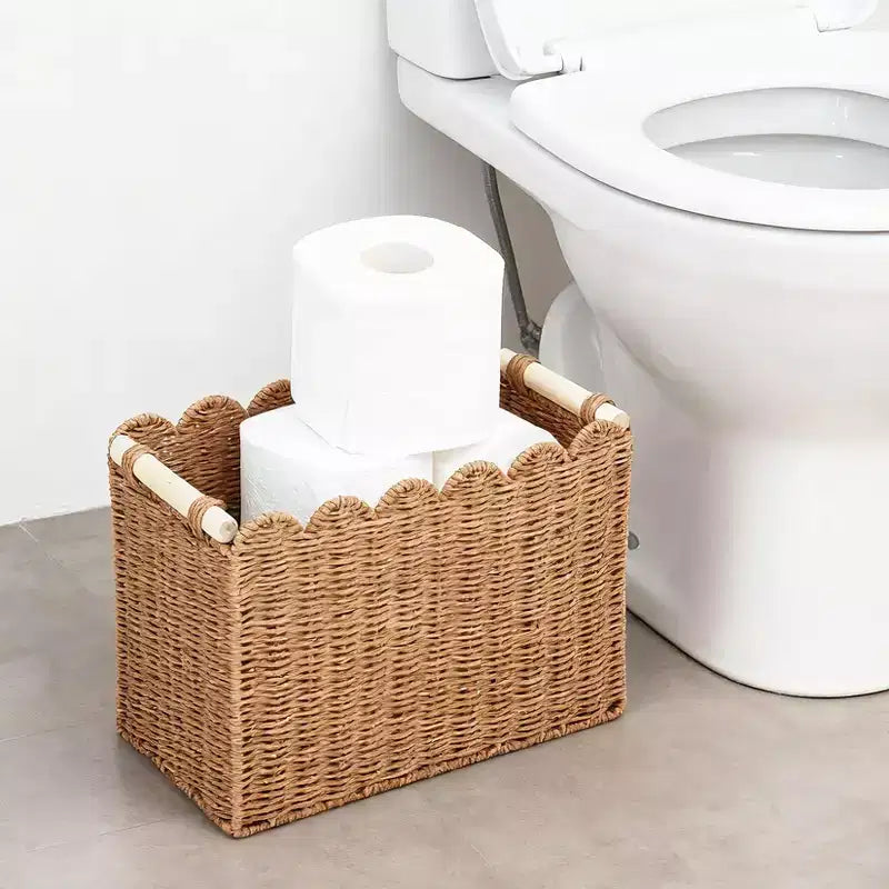 Lot de 2 paniers de rangement pour papier toilette en corde de papier à bords festonnés, avec 2 poignées en bois. Paniers décoratifs.