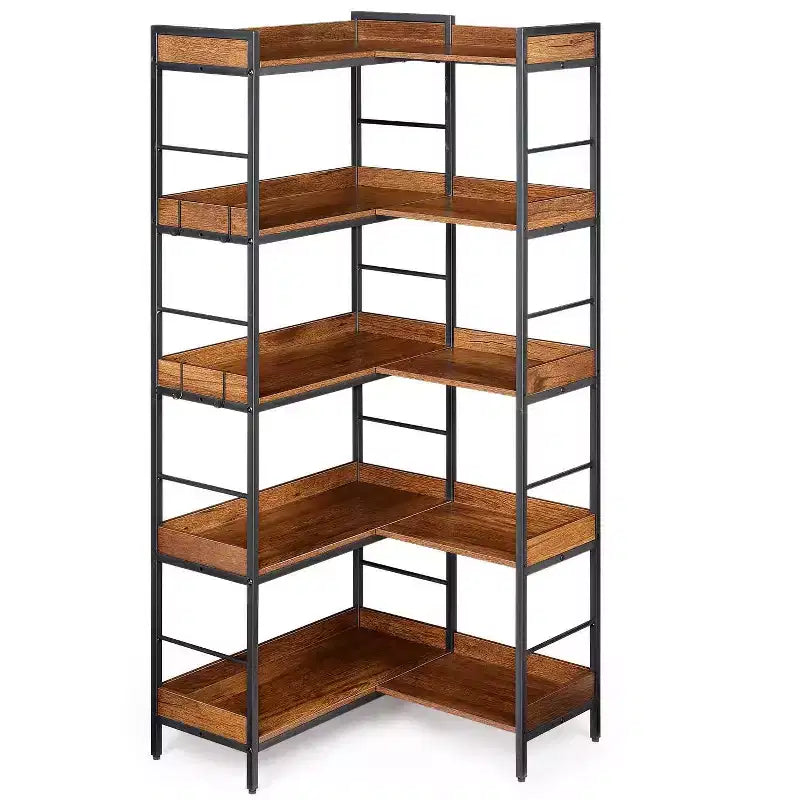 Bookshelf 5 Tier with 4 Hooks, Reversible Corner Bookshelf, 65 Industrial Wooden Bookcase with Open Shelves and Metal Frame for Living Room, Bedroom