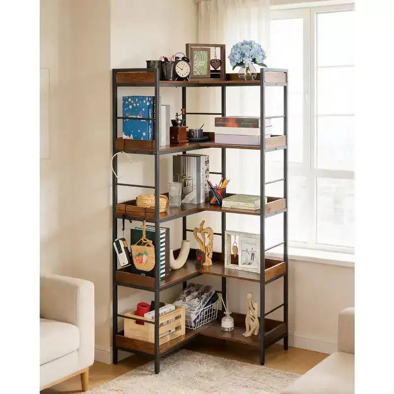 Étagère à 5 niveaux avec 4 crochets, étagère d'angle réversible, bibliothèque industrielle en bois de 165 cm avec étagères ouvertes et cadre métallique pour salon, chambre à coucher