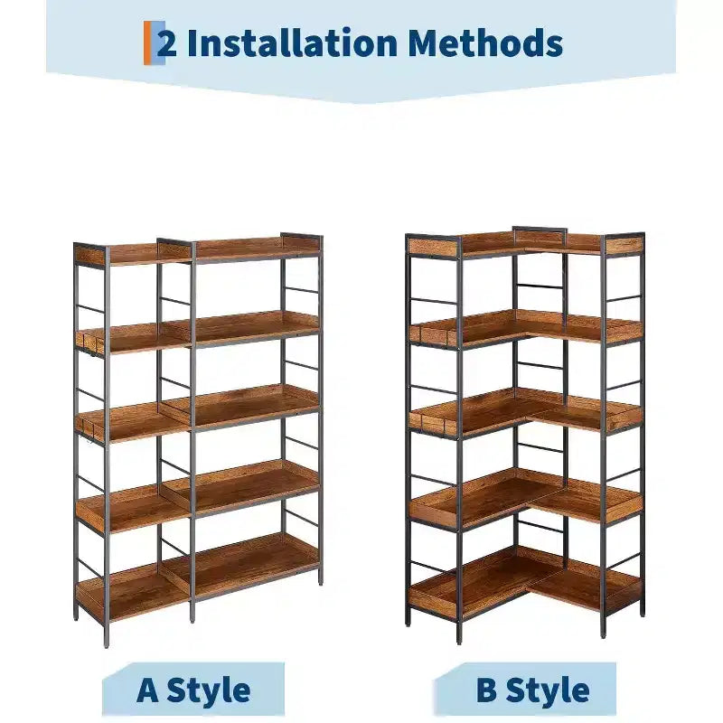 Étagère à 5 niveaux avec 4 crochets, étagère d'angle réversible, bibliothèque industrielle en bois de 165 cm avec étagères ouvertes et cadre métallique pour salon, chambre à coucher