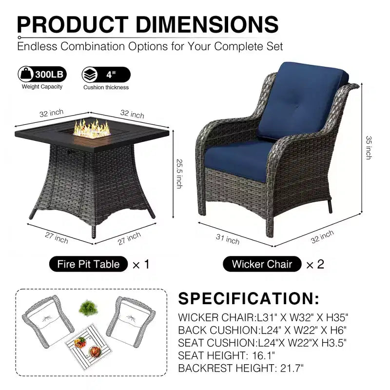 UPTIOT Outdoor 2-Piece Wicker Chair Set with Fire Pit Table and All-Weather Cushions