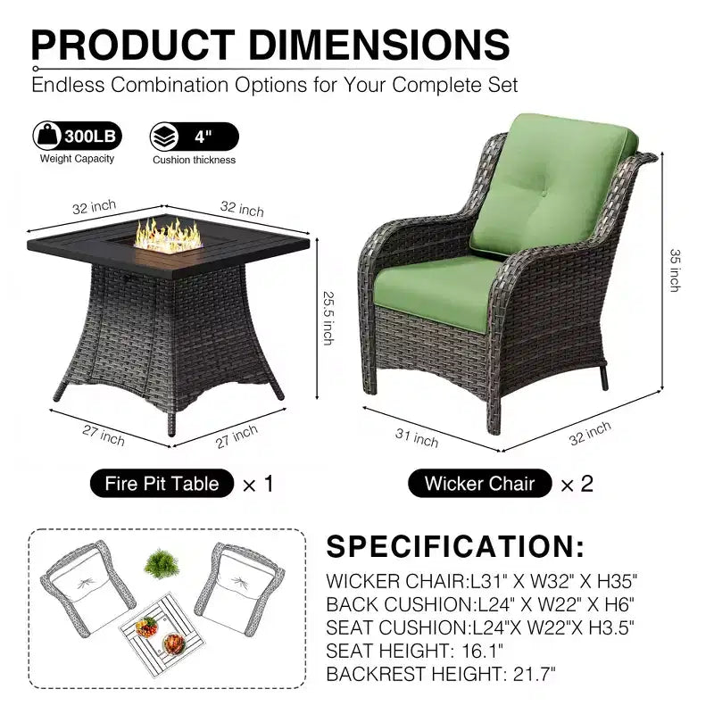 UPTIOT Outdoor 2-Piece Wicker Chair Set with Fire Pit Table and All-Weather Cushions