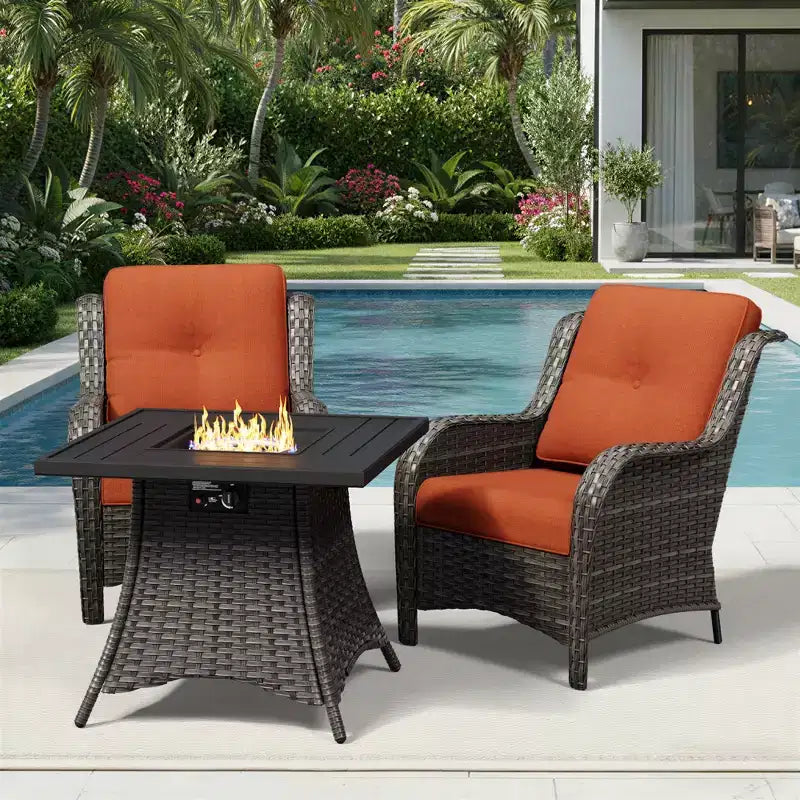 UPTIOT Outdoor 2-Piece Wicker Chair Set with Fire Pit Table and All-Weather Cushions