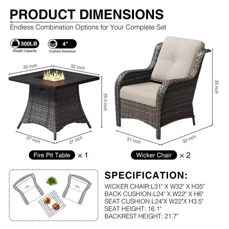 UPTIOT Outdoor 2-Piece Wicker Chair Set with Fire Pit Table and All-Weather Cushions