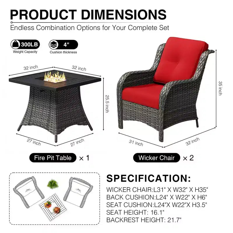 UPTIOT Outdoor 2-Piece Wicker Chair Set with Fire Pit Table and All-Weather Cushions