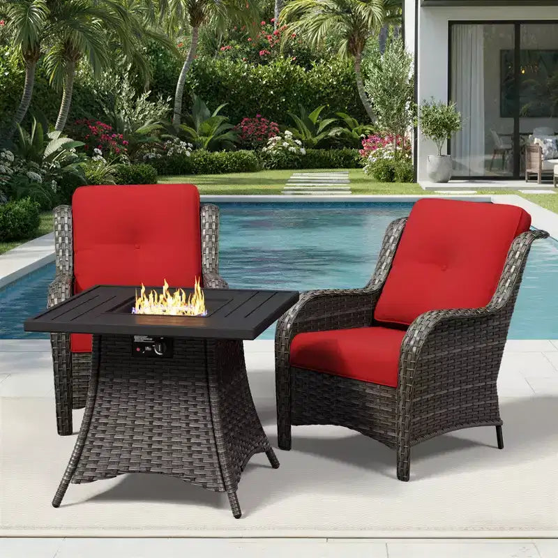 UPTIOT Outdoor 2-Piece Wicker Chair Set with Fire Pit Table and All-Weather Cushions
