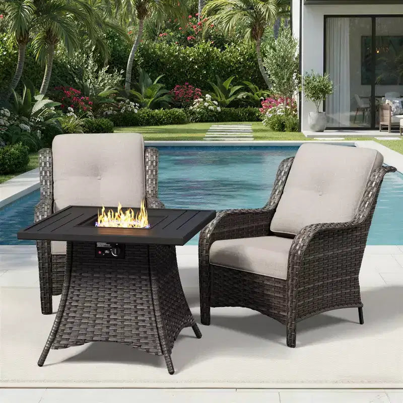 UPTIOT Outdoor 2-Piece Wicker Chair Set with Fire Pit Table and All-Weather Cushions