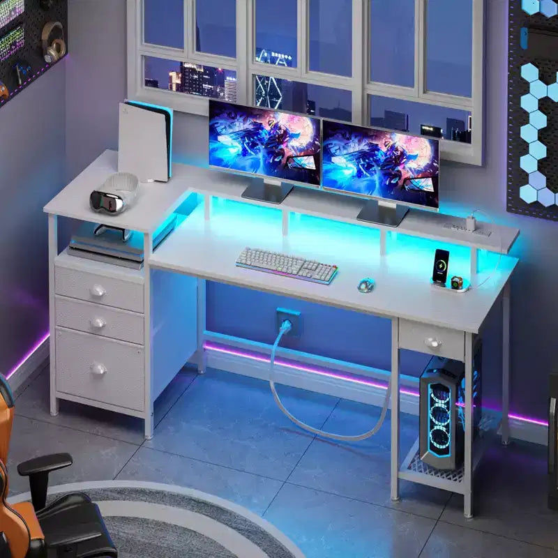 60 Inch White Computer Desk with Charging Station Gaming Desk LED Lights 4 Drawers File Cabinet Storage Home Office Work Table Modern Bedroom Study